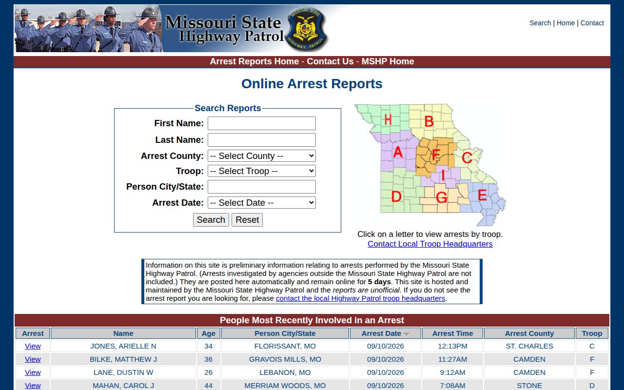 Missouri State Highway Patrol arrest search with county and date filters