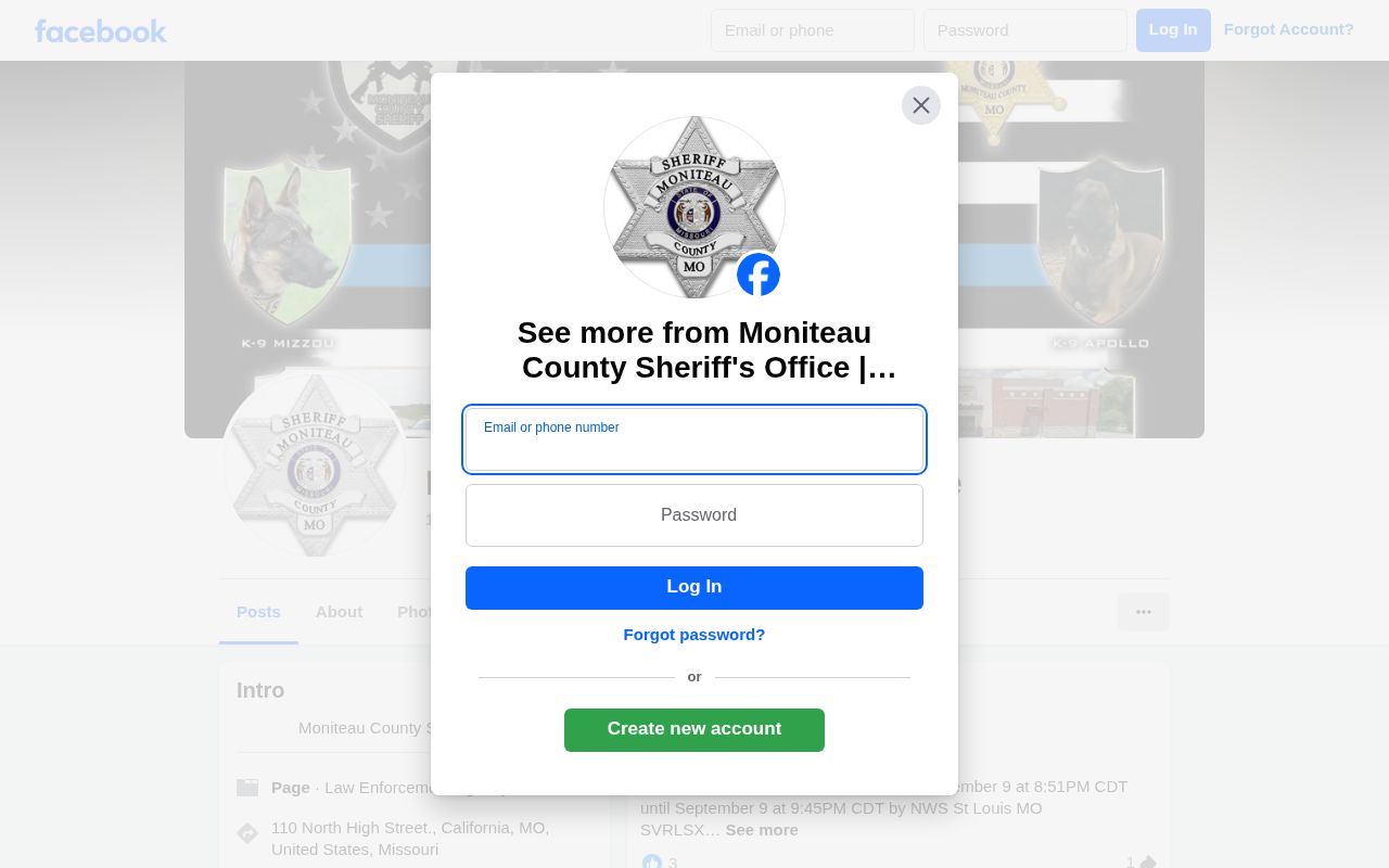 Official Moniteau County Sheriff Facebook page landing screen