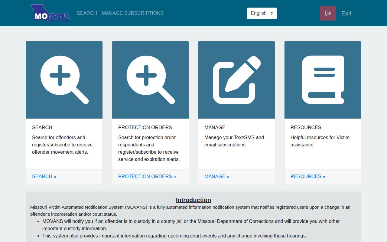 Missouri MOVANS custody notification portal for VINE searches