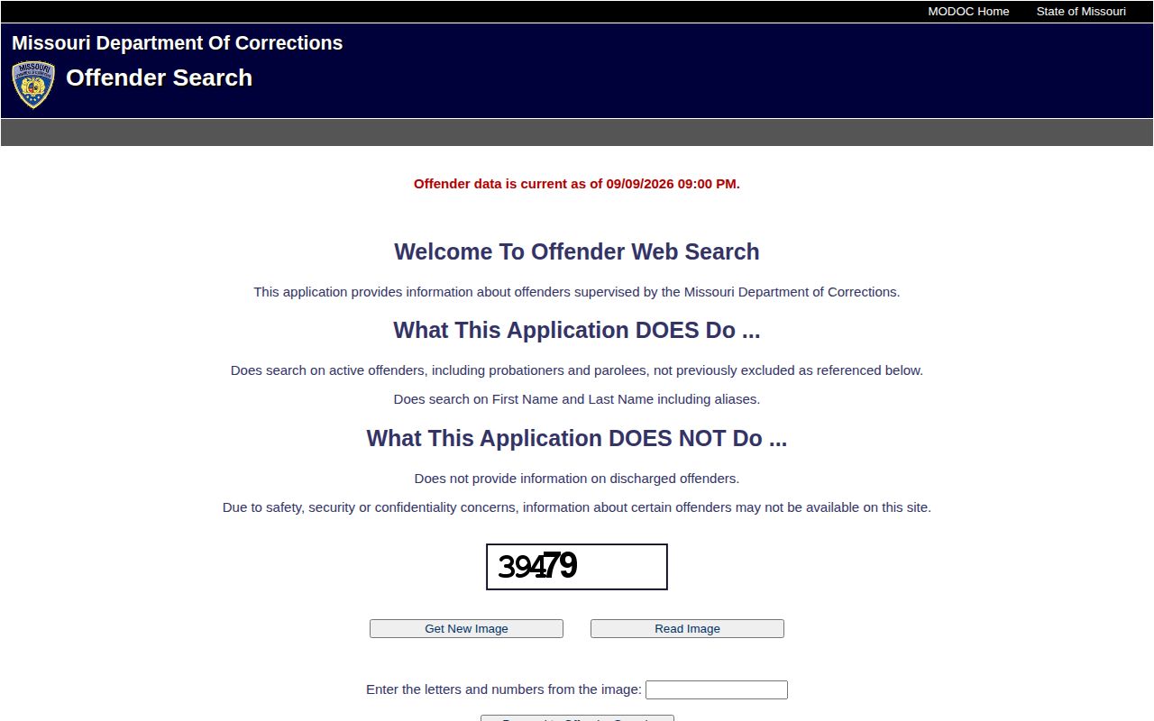 Missouri Department of Corrections official offender search form