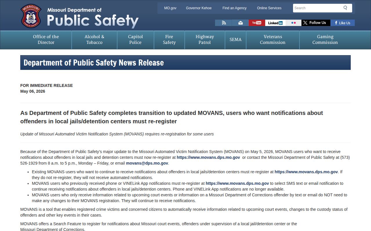 Missouri DPS 2026 notice changing MOVANS local jail alert registration