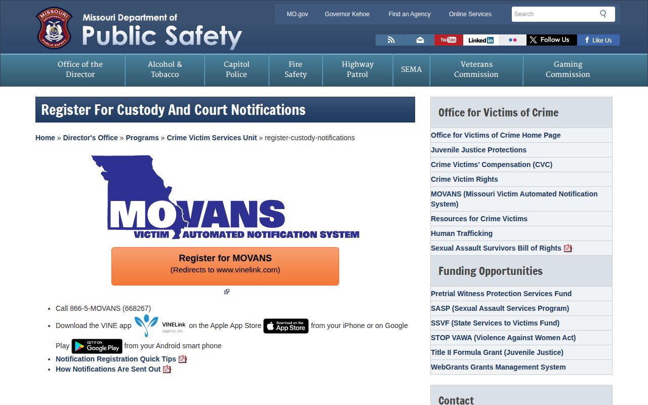Missouri DPS page for registering for MOVANS custody notifications
